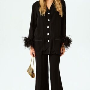 Black Feather Trim Pajama Set